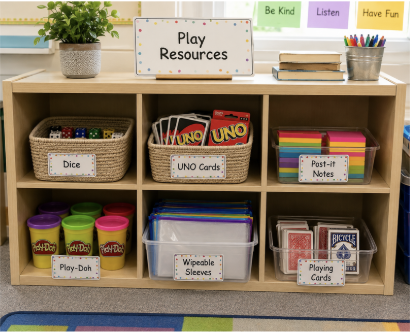Play resources displayed in classroom storage